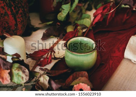 Tableware on kitchen table with autumn decor close up 