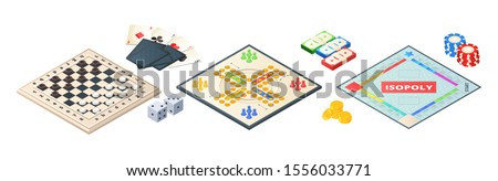 Board games isometric. Various tools for board games. Dices, pawns cards coins money. Vector board games elements Royalty-Free Stock Photo #1556033771