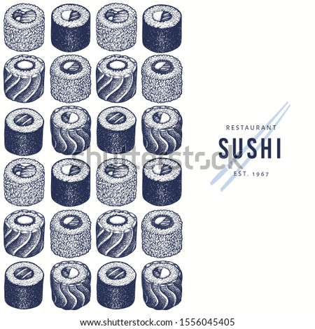 Sushi design template. Hand drawn vector illustrations. Japanese cuisine elements retro style. Asian food background.