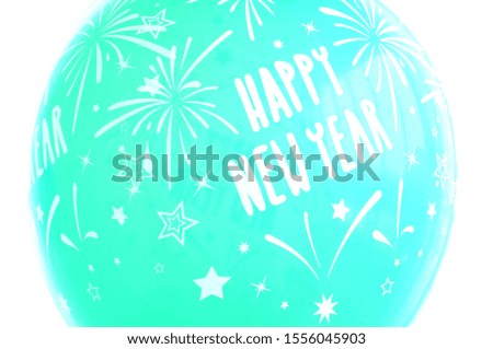 Green balloon for festive party with happy new year text on it placing on white background. For new year banner, poster, card, background and holiday. - image