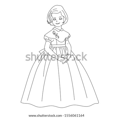 A young girl wears a long and elegant dress - coloring page