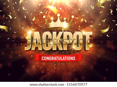 Shining sign Jackpot with golden crown and falling confetti on a bright background. Vector illustration. Royalty-Free Stock Photo #1556070977
