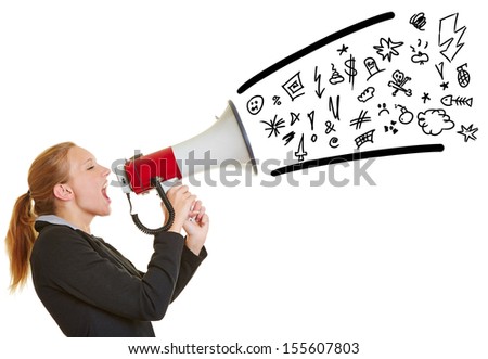 Young angry business woman ranting in a megaphone with symbols coming out
