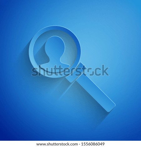 Paper cut Magnifying glass for search icon isolated on blue background. Recruitment or selection concept. Search for employees and job. Paper art style. Vector Illustration