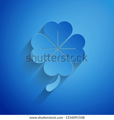 Paper cut Four leaf clover icon isolated on blue background. Happy Saint Patrick day. Paper art style. Vector Illustration