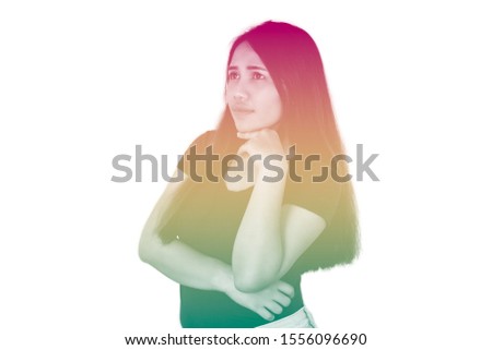 Young diverse girl thinking isolated on white background with duotone red yellow and green effect - Hispanic woman standing looking to the side with Bolivian flag colours and copy space