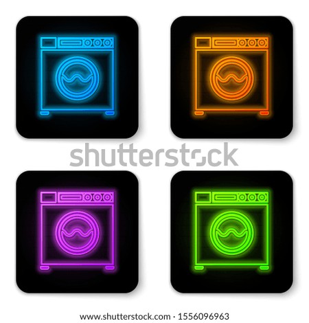 Glowing neon Washer icon isolated on white background. Washing machine icon. Clothes washer - laundry machine. Home appliance symbol. Black square button. Vector Illustration