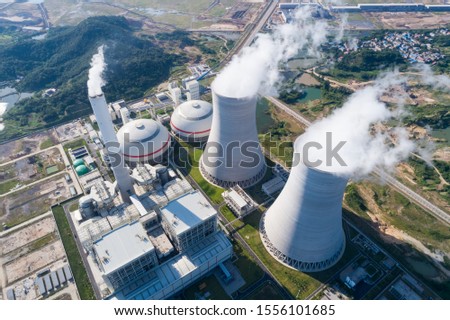 aerial view of modern power plant, industrial landscape Royalty-Free Stock Photo #1556101685