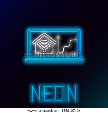 Blue glowing neon line Laptop with smart home with wi-fi icon isolated on black background. Remote control. Colorful outline concept. Vector Illustration