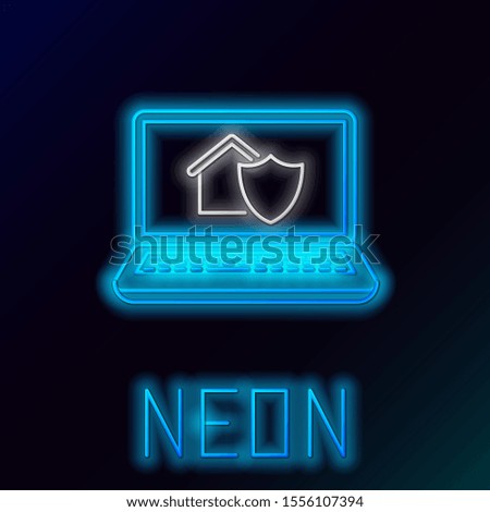 Blue glowing neon line Laptop with house under protection icon isolated on black background. Protection, safety, security, protect, defense concept. Colorful outline concept. Vector Illustration