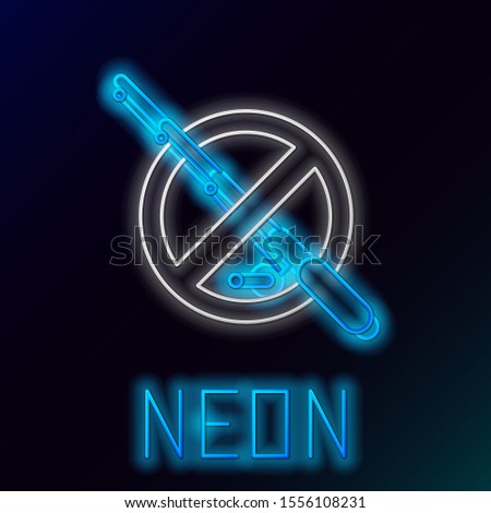 Blue glowing neon line No fishing icon isolated on black background. Prohibition sign. Colorful outline concept. Vector Illustration