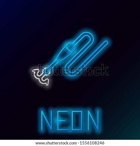 Blue glowing neon line Fishing line with hook and float icon isolated on black background. Fishing tackle. Colorful outline concept. Vector Illustration