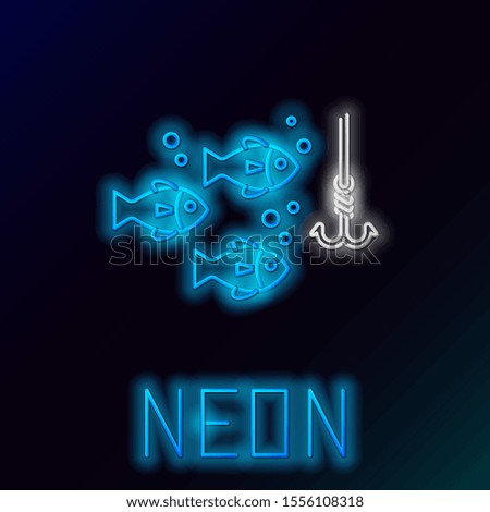 Blue glowing neon line Fishing hook under water with fish icon isolated on black background. Fishing tackle. Colorful outline concept. Vector Illustration