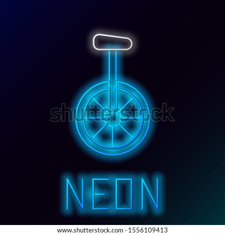 Blue glowing neon line Unicycle or one wheel bicycle icon isolated on black background. Monowheel bicycle. Colorful outline concept. Vector Illustration
