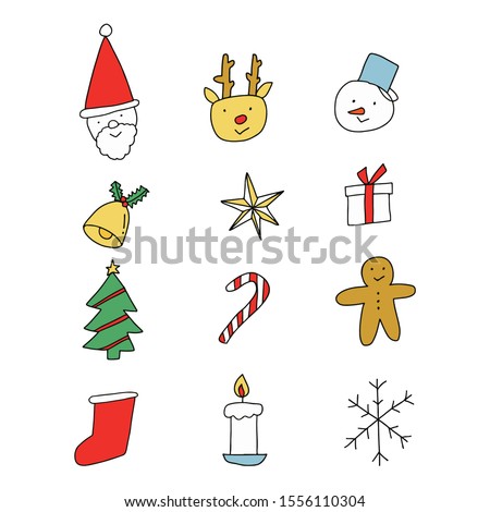 Merry Christmas icons set. cute santa Claus, snowman, christmas tree, gift box. Vector illustration isolated on white background. Flat and line hand drawing style vector illustration.