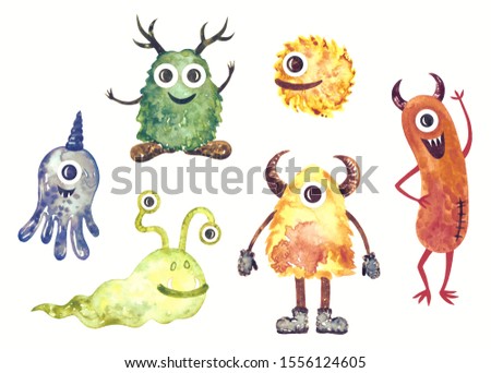 Cute monsters, set of spooky creatures,  funny cartoon style, watercolor illustration, isolated on white background. Monstrous animals - nice for kids stuff, school supplies, cards, jokes, decorations