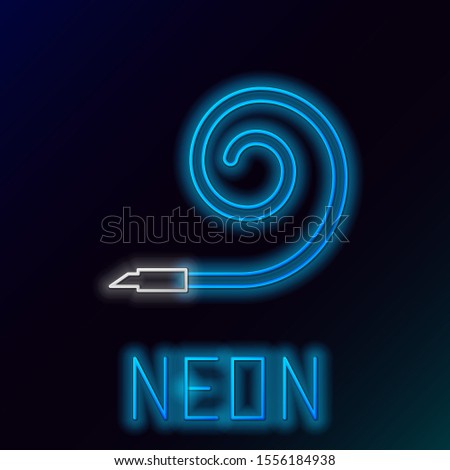Blue glowing neon line Birthday party horn icon isolated on black background. Colorful outline concept. Vector Illustration