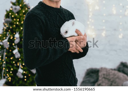The guy holds a small white rabbit in his arms. Noise added to the photo.