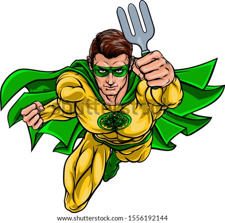 A super gardener hero or farmer superhero holding a garden fork