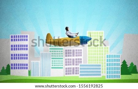 Emotional pilot sitting in small propeller plane. Aviator driving retro airplane on background of cartoon city illustration. Modern downtown with high skyscrapers and office buildings.