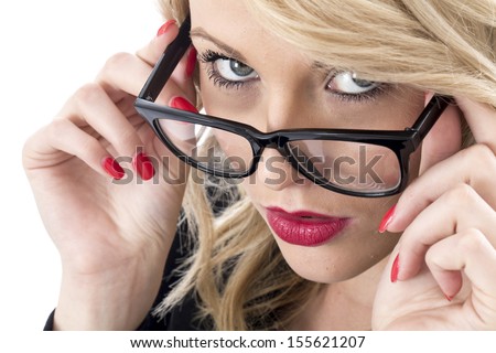 Serious Thoughtful Young Businesswoman, Wearing Glasses, Isolated On White