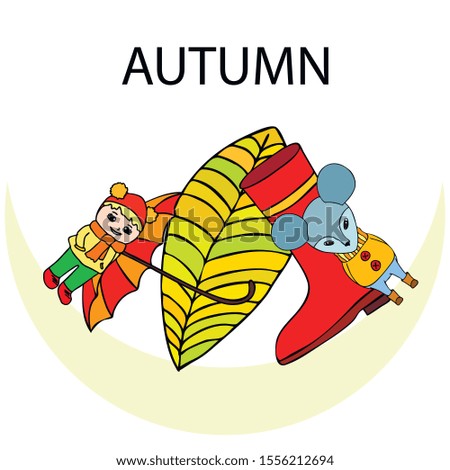 Postcard with cute cartoon girl, umbrella and mouse. Rainy weather. Falling leaves. Vector image.