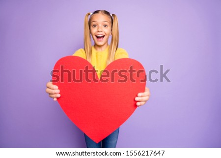 Take gift! Portrait of amazed funky crazy pigtails ponytails kid give paper card heart to her mother on 14-february 8-march holiday wear stylish pullover isolated violet color background