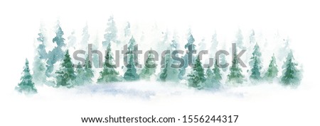 Landscape of foggy forest, winter hill. watercolor background. horizontal panorama