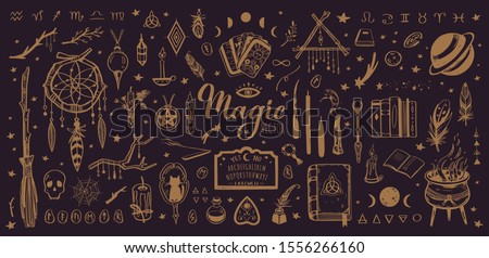 Witchcraft, magic background for witches and wizards. Wicca and pagan tradition. Vector vintage collection. Hand drawn elements: candles, book of shadows, potion, tarot cards etc. Royalty-Free Stock Photo #1556266160