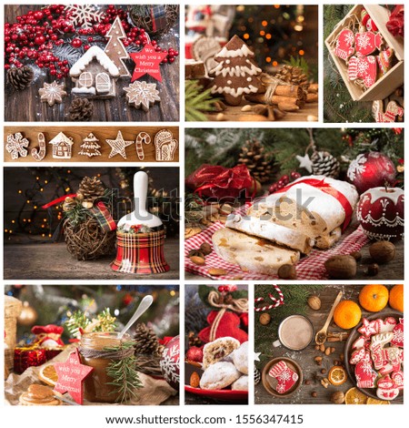 Christmas New Year sweet pastry desserts. Set collection of traditional Christmas holiday sweets. Collage of beautiful festive pictures.