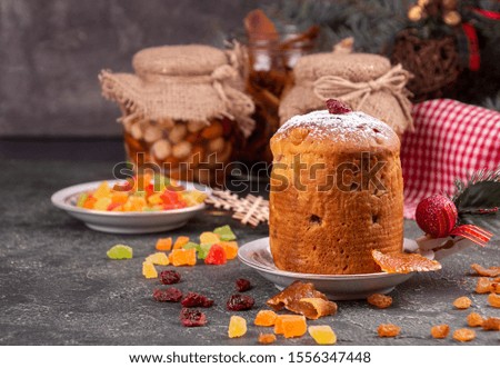 Italian sweet dessert panettone. rich Italian bread made with eggs, fruit, and butter and typically eaten at Christmas. copy space