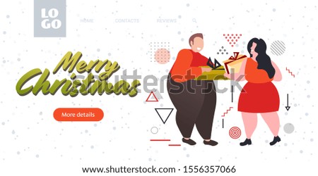 fat obese couple giving gift present boxes to each other merry christmas happy new year winter holidays celebration concept full length horizontal copy space vector illustration