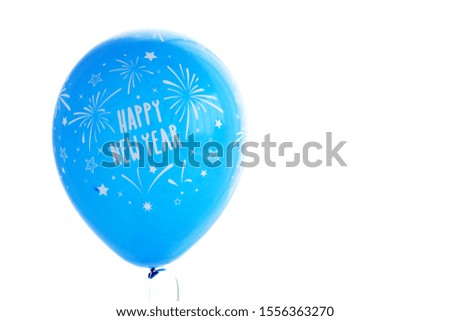 Floating blue balloon with happy new year text in cartoon style, with grey ribbon, isolated on white background
