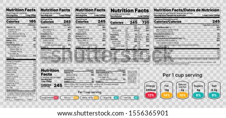 Nutrition facts Label. Vector. Food information with daily value. Data table ingredients calorie, fat, sugar. Package template. Flat illustration isolated on transparent background. Layout design  Royalty-Free Stock Photo #1556365901