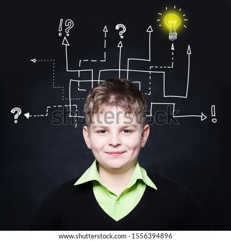 Smiling boy with question signs and light idea bulb