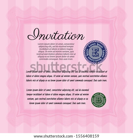 Pink Formal invitation. With guilloche pattern and background. Sophisticated design. Detailed. 