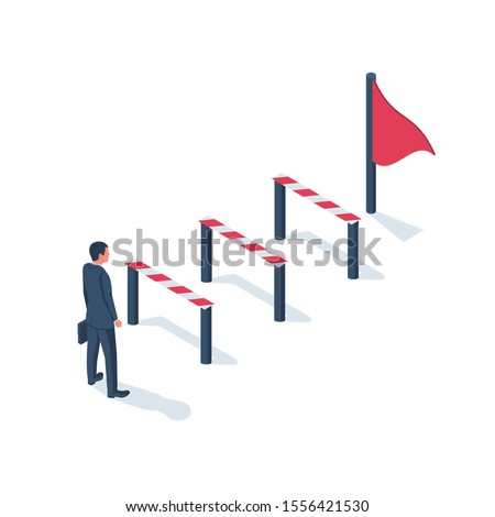 Conquering adversity. Hurdle on way concept. Businessman obstacle metaphor. Overcoming obstacle on road. Barrier on way to success. Vector illustration isometric 3d design. Isolated white background. Royalty-Free Stock Photo #1556421530