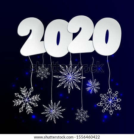 Happy New 2020 Year. Vector holiday illustration. Paper white 3d numbers on dark sky night blue imitation background with snowflakes. Event banner. Decoration element for poster, card, web or cover