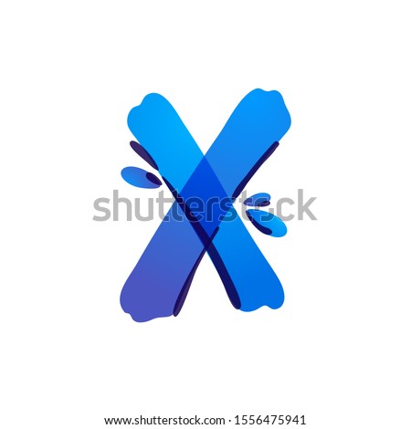 X letter eco logo with blue water drops handwritten with a felt-tip pen. Vector marker font can be used for eco friendly, vegan, bio, raw, organic template.