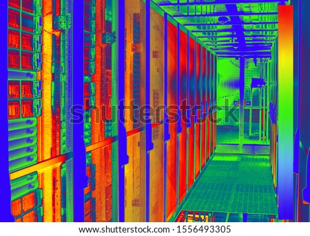 no illustration Thermal image with a thermal imaging camera from a cold aisle with server racks in a data center