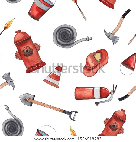 Watercolor cartoon cute seamless pattern Firefighting and fire safety equipment illustration. Fire helmet, hose, column, fire extinguisher. Baby shower red colorful clip art