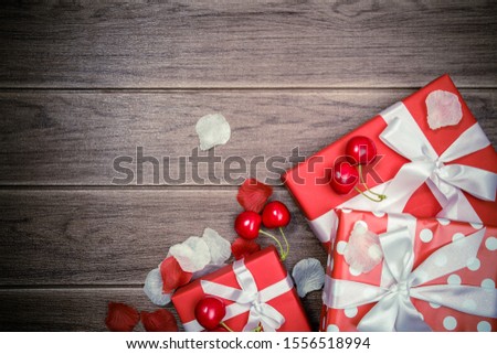 Gift box red and Accessories for Holiday Christmas background , thanksgiving Festival, Copy space for text.