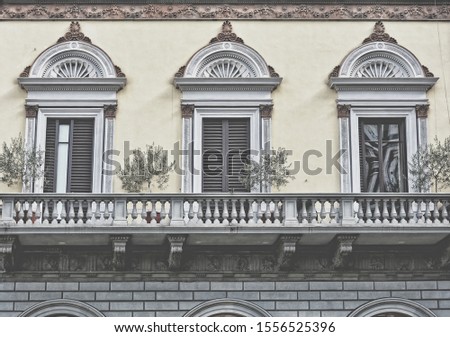 Matte background. Vintage. Nice facade of a house with a balcony, carving decoration, windows and window shutters. Old photo. 