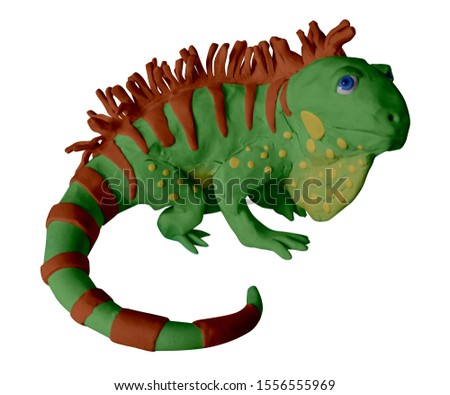 Cute iguana handmade with plasticine. Isolated on white background – Image