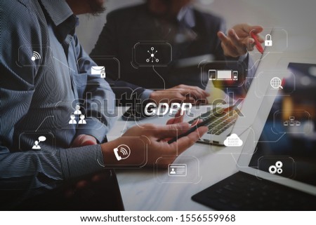 GDPR. Data Protection Regulation with Cyber security and privacy virtual diagram.Business team meeting. Photo professional investor working new start up project. Finance task.