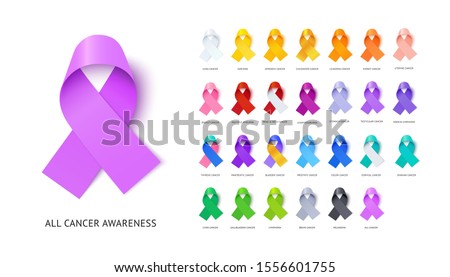 Cancer awareness ribbons realistic illustrations set. Various oncological diseases prevention, illness solidarity symbols pack with close up preview. Social support and concern expression signs