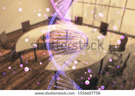 Double exposure of DNA hologram on conference room background. Concept of education