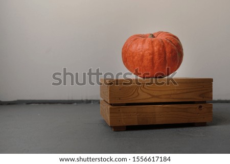 Orange pumpkins on a wooden box on a gray background. Template fall harvest thanksgiving halloween anniversary invitation cards. Copy space