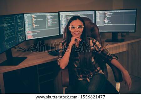 Photo of cheerful positive happy smiling girl joyful about having been hired for working for company specializing at developing of artificial intelligence