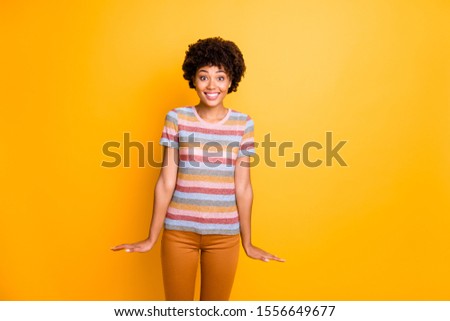 Portrait of her she nice attractive lovely charming funky girlish positive wavy-haired girl fooling spending holiday isolated over bright vivid shine vibrant yellow color background